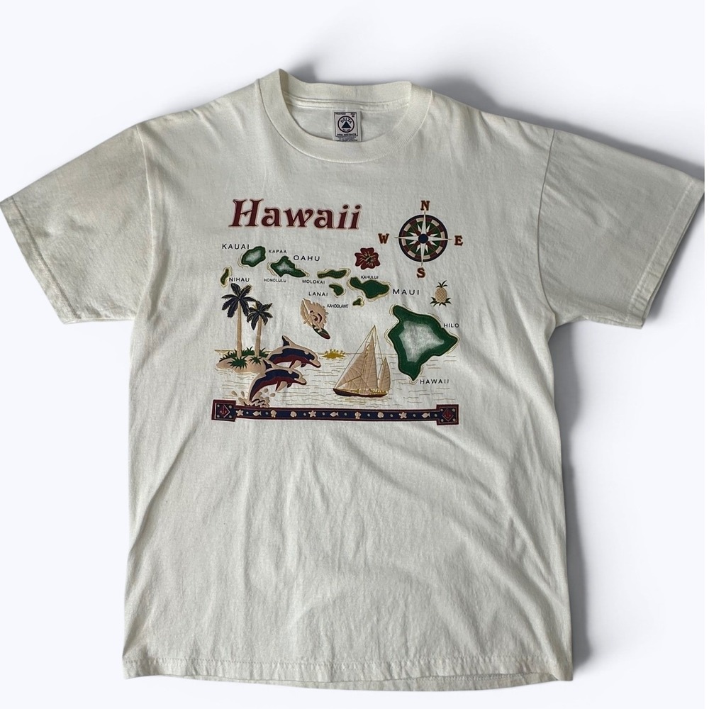Vintage Hawaii Map Graphic T‎ Shirt Off White Delta Pro Weight 90s Y2K Sz M